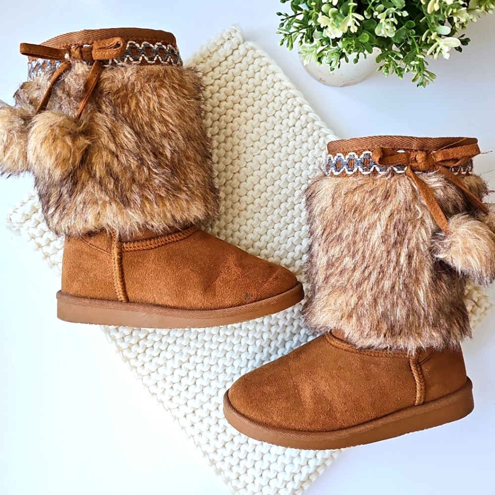 FABKIDS Fur Pom Pom Fuzzy Brown Boots Braided Accents - Kids, Size 12